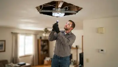 Electrician inspects fan-rated ceiling box support for safe ceiling fan installation in Ogden, UT