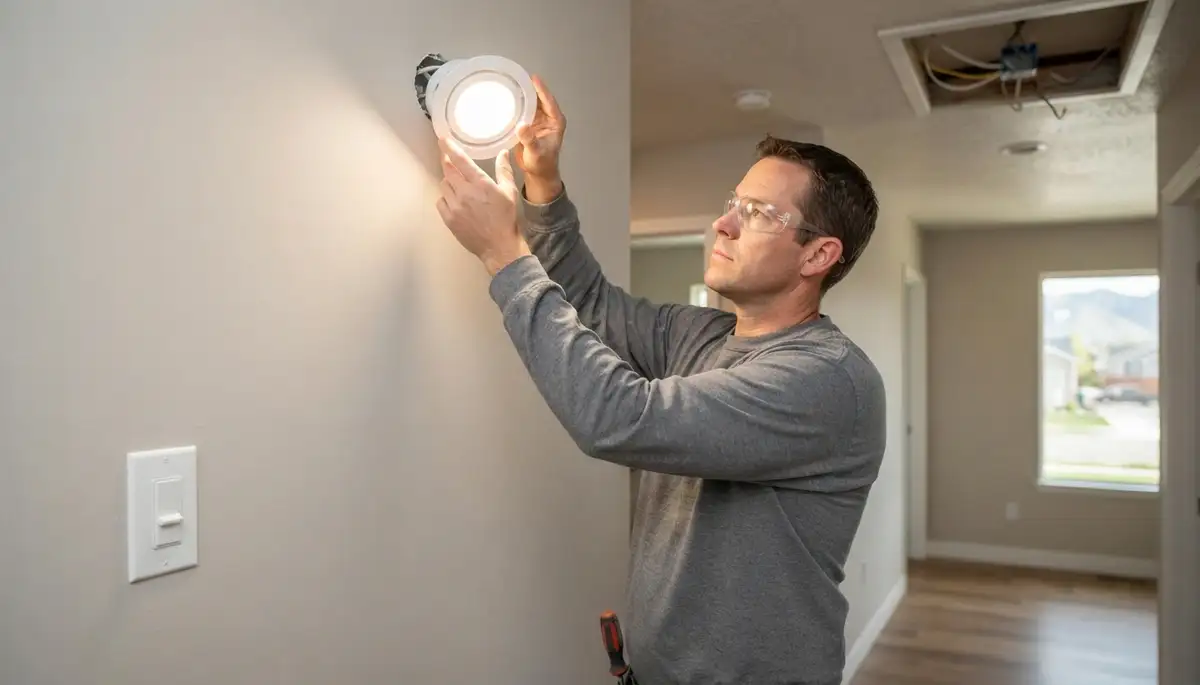 Electrician in Ogden, UT aims a new light fixture and tests switch and dimmer controls