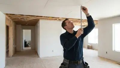 Technician measuring ceiling placement for fire alarm installation in an Ogden, UT home