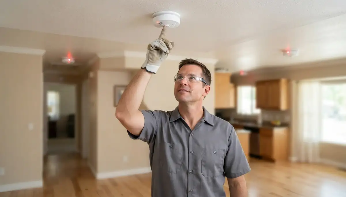 Electrician tests interconnected ceiling smoke detectors during installation in an Ogden, UT home