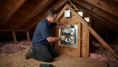 Electrician mounts an attic fan frame in a gable opening during Ogden, UT attic fan installation
