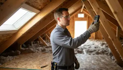 Ogden, UT electrician measures attic temperature with a thermometer to size an attic ventilation fan