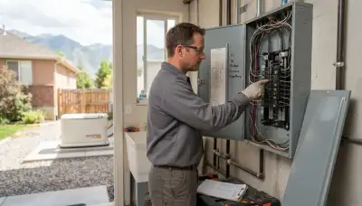 Electrician tracing critical circuits in an open load center for generator installation in Ogden, UT