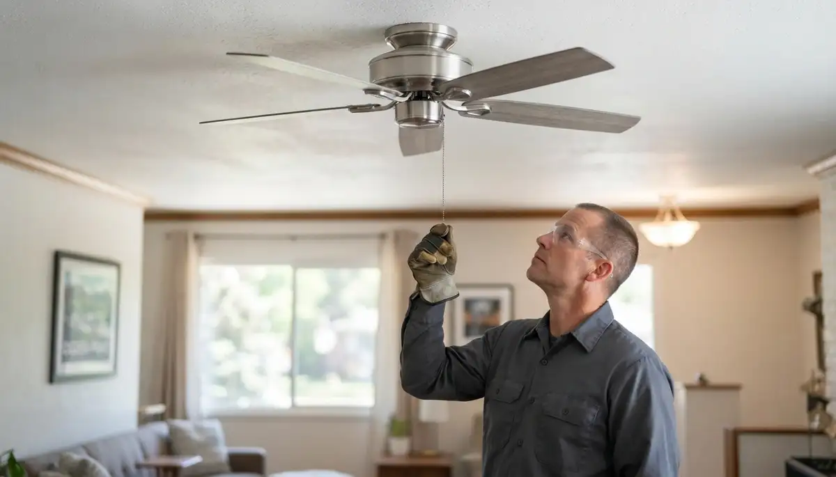 Electrician balances ceiling fan blades during installation in an Ogden, UT home