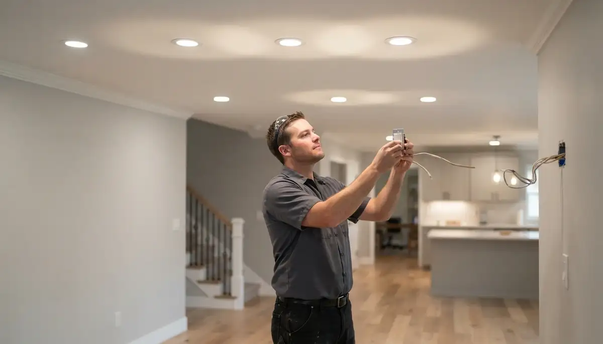 Ogden, UT electrician verifies recessed lighting beam overlap and adjusts dimmer for smooth, flicker-free performance