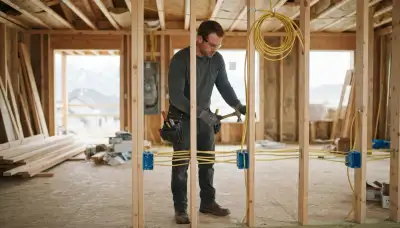 Electrician installing electrical boxes and routing cable through wall studs in a new Ogden, UT home