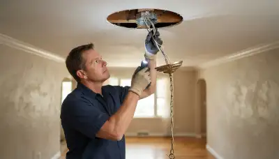 Electrician inspecting ceiling box and support brace for chandelier installation in Ogden, UT