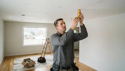 Ogden, UT electrician maps ceiling joists and recessed lighting positions with a stud finder and chalk line