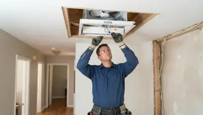 Electrician installing a ceiling-mounted whole-house fan and insulated damper in an Ogden, UT home