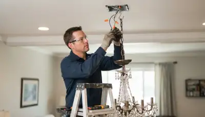Electrician installing a chandelier with a rated ceiling brace and locked-off power in Ogden, UT