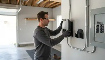 Electrician mounting an EV charger on a garage wall with dedicated circuit conduit in Ogden, UT