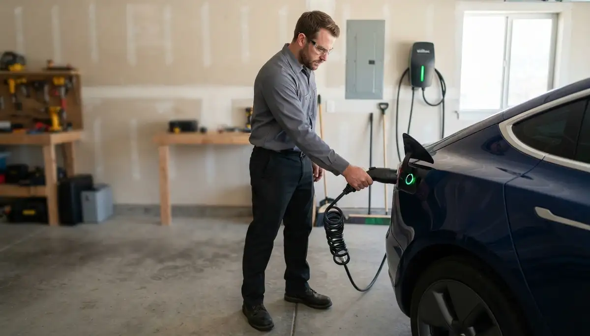 Electrician verifies an active EV charging session during charger installation in Ogden, UT