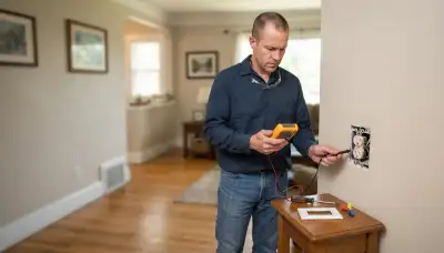 Electrician in Ogden, UT tests a de-energized branch circuit with a multimeter at an open receptacle.