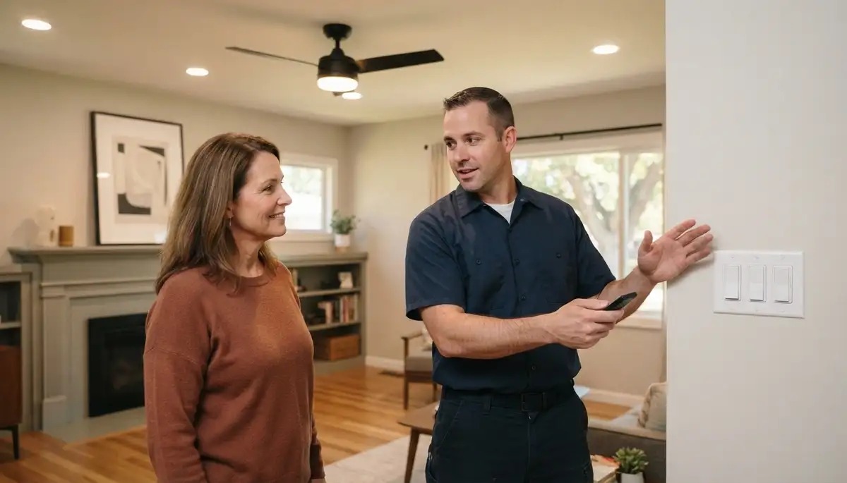 Ogden, UT electrician demonstrates dimmer switches and lighting zones to a homeowner.