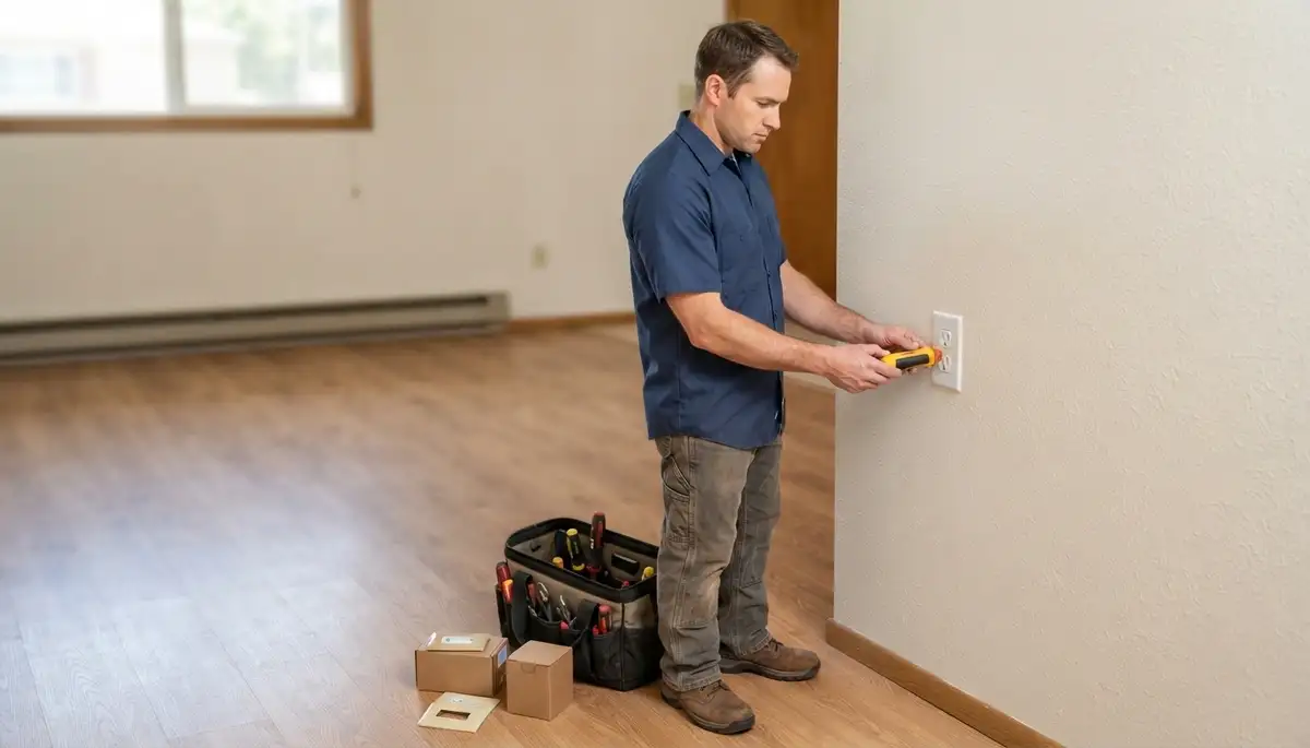 Ogden, UT electrician tests a completed outlet with a circuit tester beside new cover plates and a tool bag