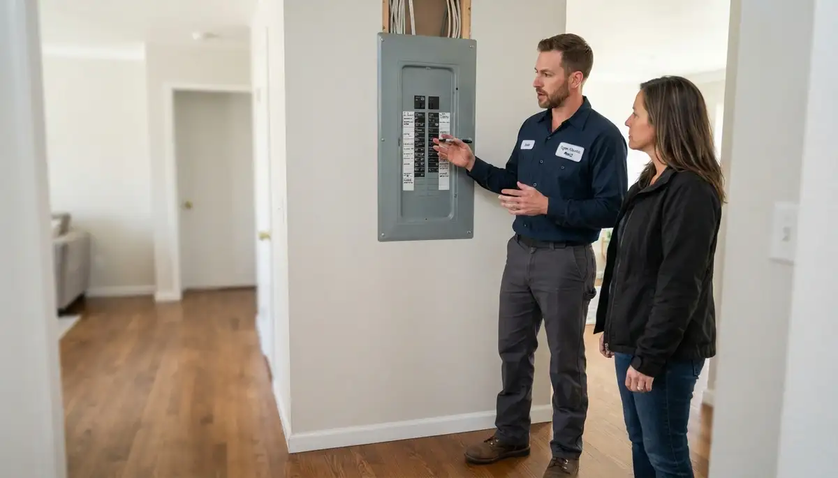 Licensed electrician reviews a circuit directory with an Ogden, UT homeowner after panel upgrades
