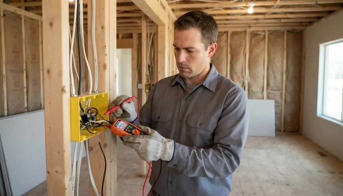 Electrician testing wiring continuity and polarity before drywall installation in Ogden, UT