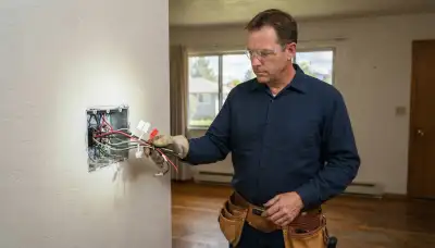 Ogden, UT electrician assesses grouped lighting circuits in an open gang box for programmable lighting