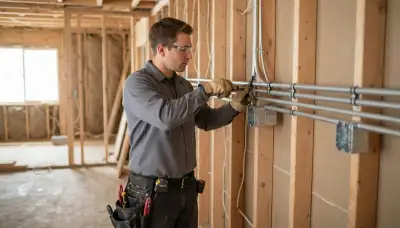Electrician fastening conduit to wall studs during home wiring installation in Ogden, UT