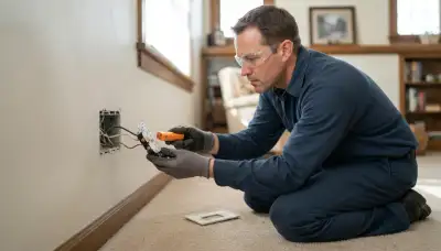 Ogden, UT electrician testing a wall outlet during a home electrical inspection
