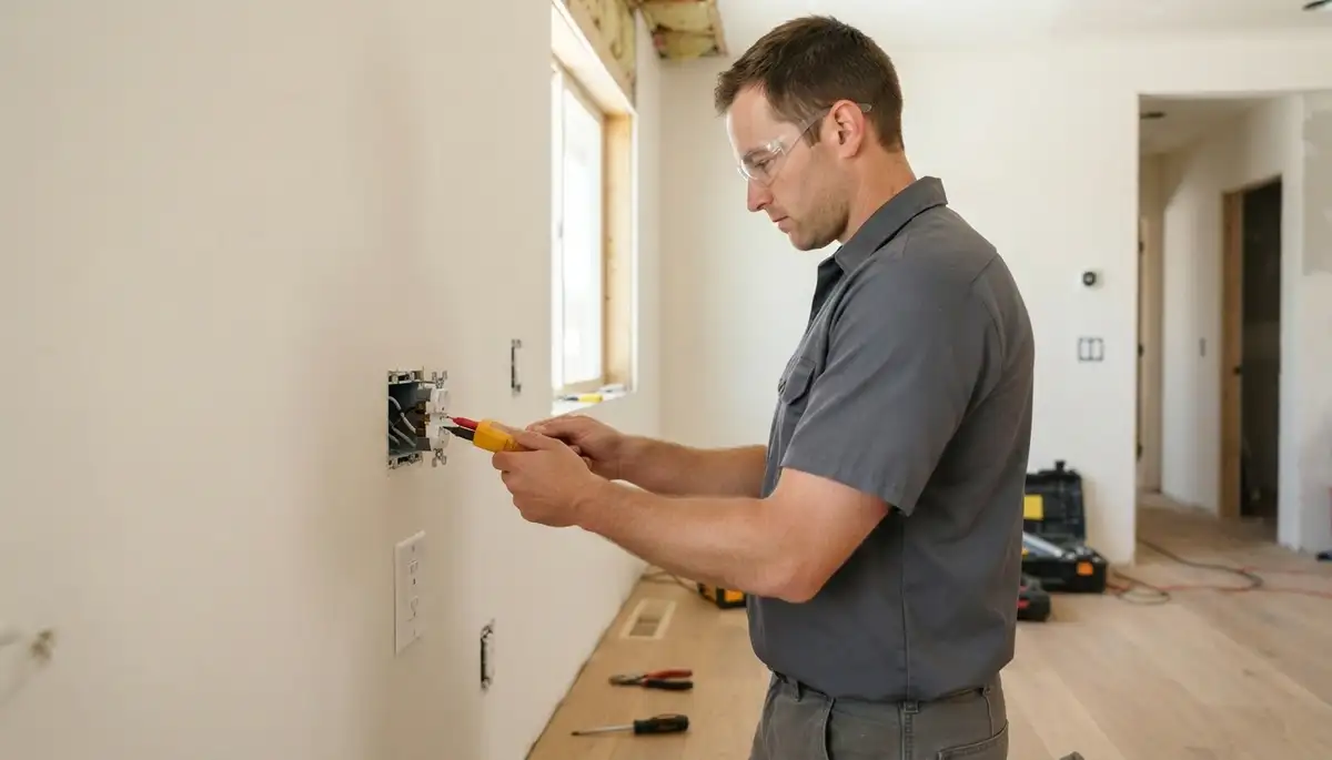 Electrician testing outlets and switches during new construction trim-out in Ogden, UT