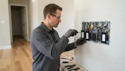 Electrician installing programmable dimmers and a controller in an Ogden, UT home with circuits locked off