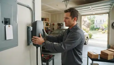 Electrician installs a wall-mounted EV charger and dedicated circuit in a Centerville, UT garage