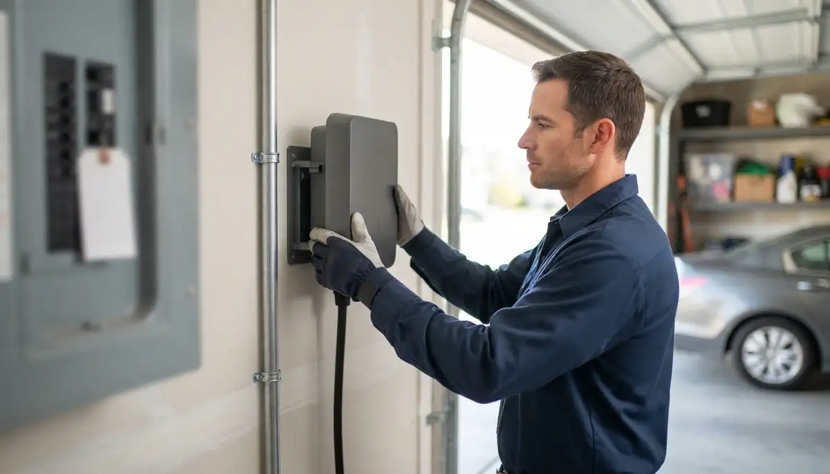 Electrician installing a wall-mounted EV charger with dedicated circuit in Ogden, UT