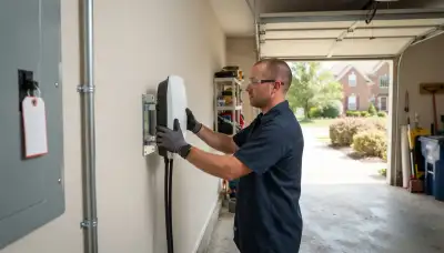 Electric vehicle charger installation with conduit and lockout tag in Mantua, UT