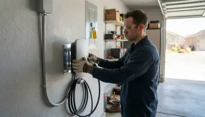 Electrician installing a 240-volt EV charger in a Roy, UT garage