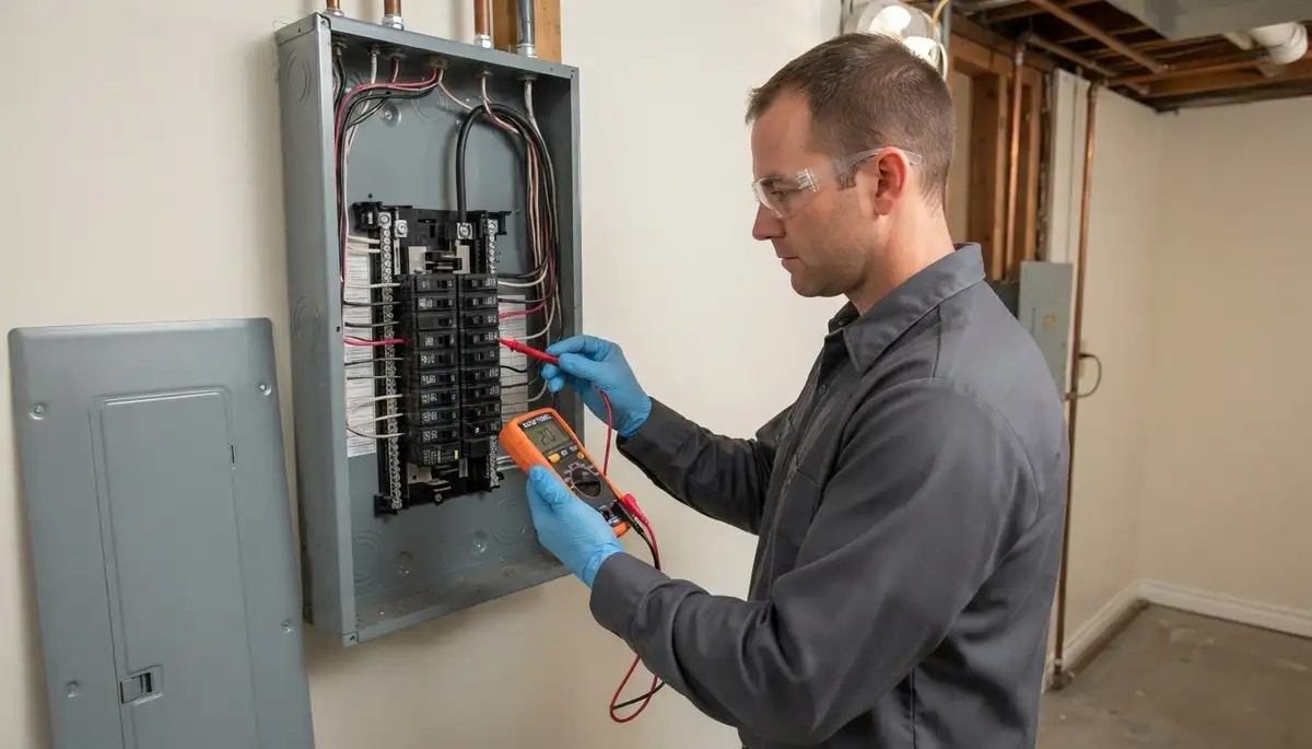 Electrician tests voltage and polarity on new electrical panel circuits in Ogden, UT