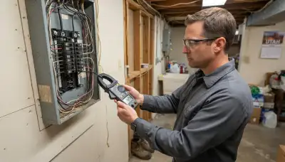 Electrician measures home circuit energy use with a clamp meter at an electrical panel in Ogden, UT
