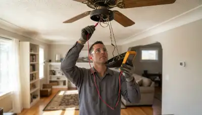 Electrician in Ogden, UT uses a multimeter to diagnose a ceiling fan pull-chain switch fault