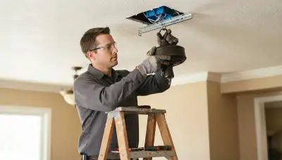 Electrician installs a fan-rated ceiling box and mounts a ceiling fan in an Ogden, UT home