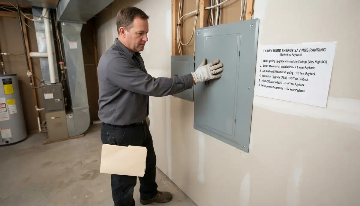 Ogden electrician reviews home energy audit findings beside a closed electrical panel in Utah