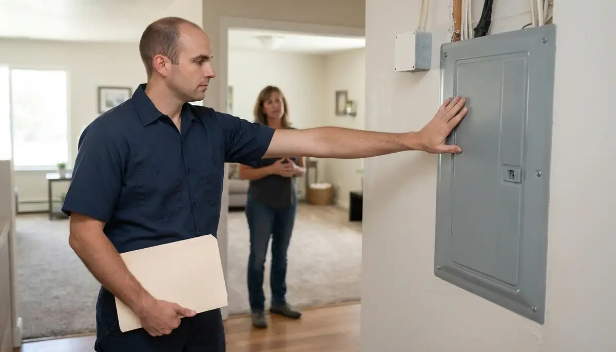 Ogden, UT electrician reviews home electrical inspection findings with homeowner beside an electrical panel