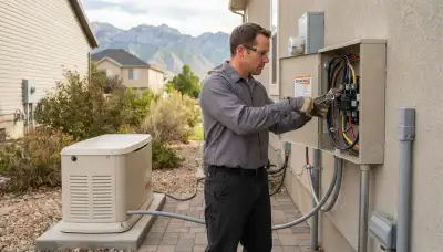 Electrician wiring a transfer switch to a standby generator in Ogden, UT for safe backup power installation