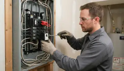 Electrician installing a GFCI breaker in a home's electrical panel in Ogden, UT