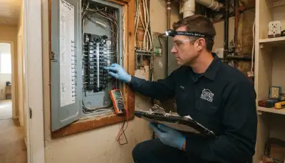 Electrician assessing GFCI circuits in an open panel inside an Ogden, UT home