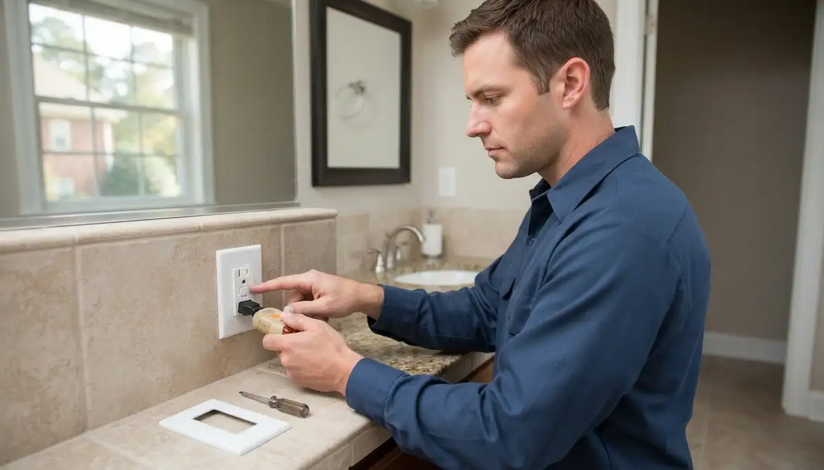 Ogden, Utah electrician installing a GFCI outlet for bathroom ground-fault protection in a wet area
