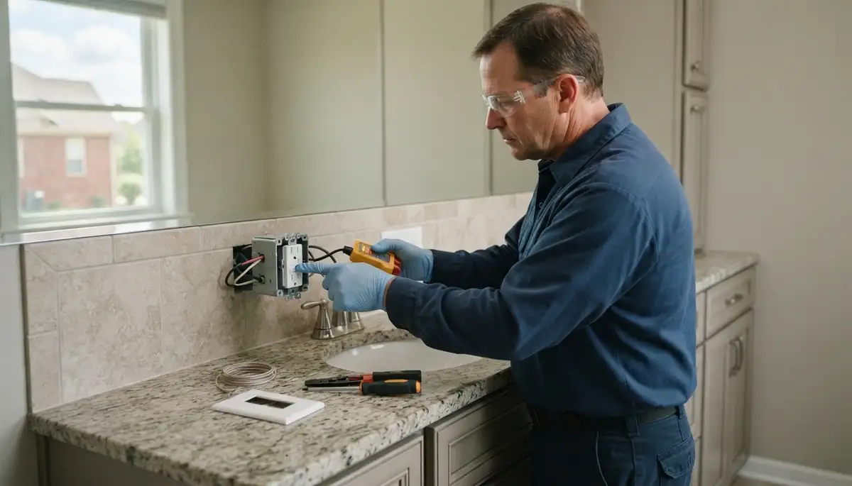 Electrician installing a GFCI outlet in an Ogden, UT bathroom for wet-area ground-fault protection