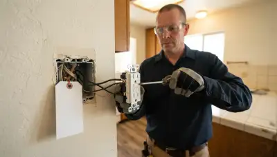 Electricians install a GFCI receptacle with line and load connections in an Ogden, UT home.