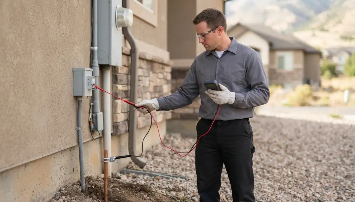 Ogden, UT electrician verifies grounding continuity for lightning surge protection with a meter