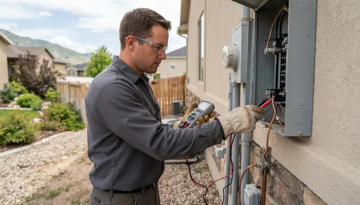 Ogden, UT electrician uses a multimeter to test service voltage and grounding at a residential electrical panel