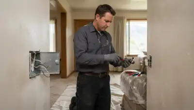 Residential electrician repairing an in-home circuit in Ogden, UT with furniture protected