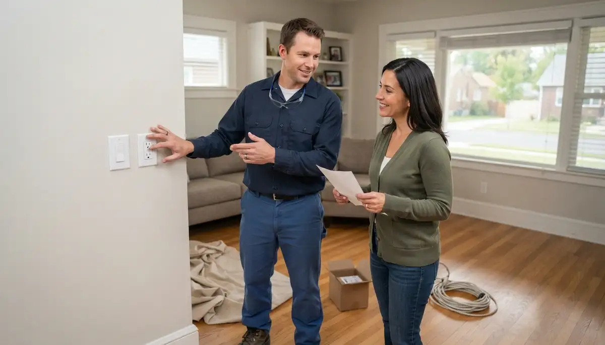 Residential electrician explains completed electrical work to a homeowner in Ogden, UT