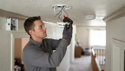 Electrician wiring an interconnected smoke detector on a ceiling in an Ogden, UT home