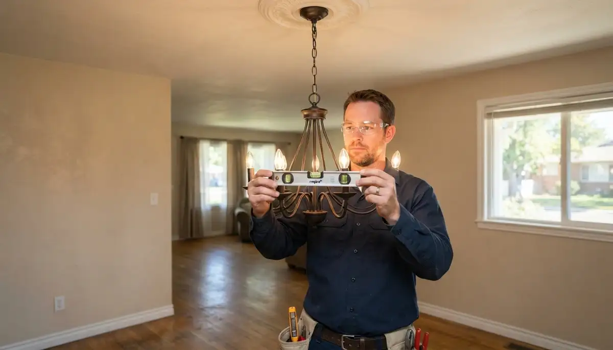 Ogden, UT electrician levels a chandelier and tests its dimmer during professional installation