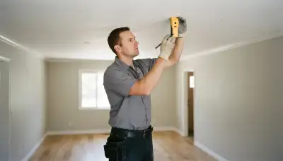 Ogden, UT electrician uses a stud finder to mark ceiling fixture locations for residential lighting installation