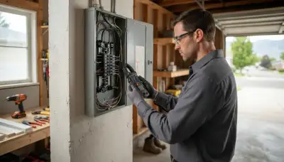 Ogden, UT electrician uses a clamp meter for EV charger load calculation at an open electrical panel